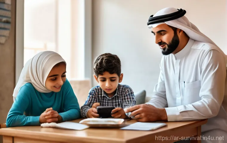 긴급 구조 요청하기 - **Prompt:** A warm, inviting scene in a modern Middle Eastern living room. A diverse family, includi...