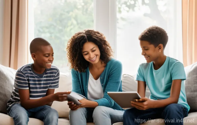 자연재해 대비 주택 보험 - **Prompt:** A diverse family of four (parents and two children, one pre-teen, one teenager) stands i...