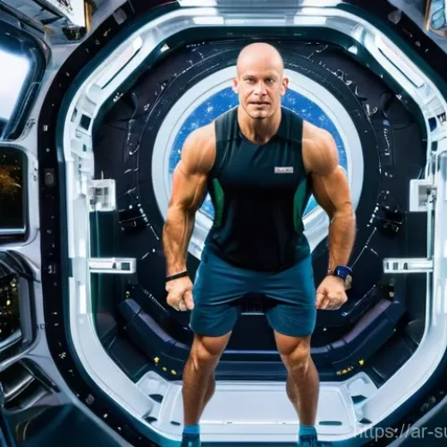 우주에서의 생존법 - **Prompt:** A determined astronaut, wearing a modest, form-fitting athletic top and shorts, is vigor...