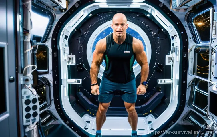 우주에서의 생존법 - **Prompt:** A determined astronaut, wearing a modest, form-fitting athletic top and shorts, is vigor...