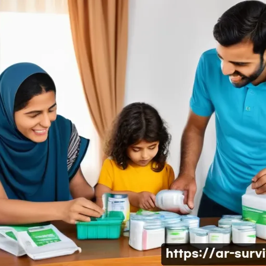 긴급 대피 절차 - **Prompt:** A serene indoor scene depicting a diverse Arabic family, including a mother, father, two...