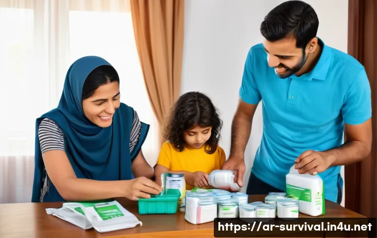 긴급 대피 절차 - **Prompt:** A serene indoor scene depicting a diverse Arabic family, including a mother, father, two...