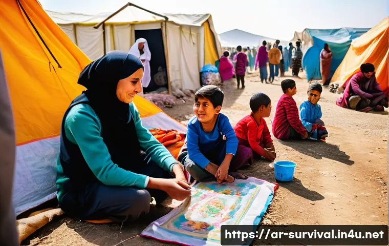 재난 발생 후 생활 재건하기 - **Prompt 1: A vibrant scene of community solidarity and hope in a temporary relief camp after a natu...