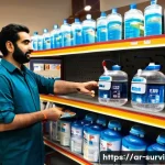 재난 생존 물품 구입처 - A vibrant Middle Eastern local emergency supplies store interior, featuring shelves stocked with fir...