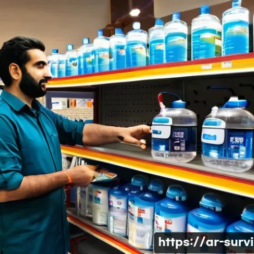 재난 생존 물품 구입처 - A vibrant Middle Eastern local emergency supplies store interior, featuring shelves stocked with fir...