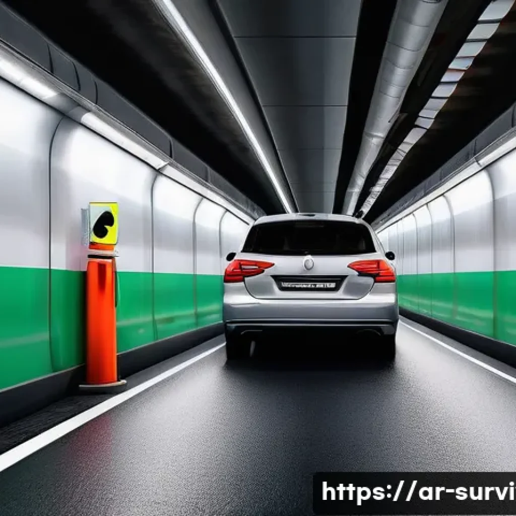 터널 사고 발생 시 대처법 - A detailed, realistic scene inside a modern road tunnel in the Middle East, showing a family car sto...