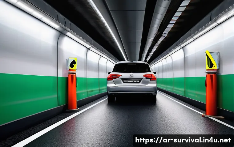 터널 사고 발생 시 대처법 - A detailed, realistic scene inside a modern road tunnel in the Middle East, showing a family car sto...