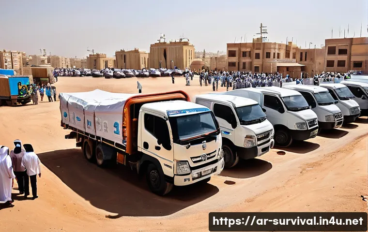 긴급 식량 공급 체계 - A detailed scene of coordinated emergency food aid distribution in a Middle Eastern urban area, feat...