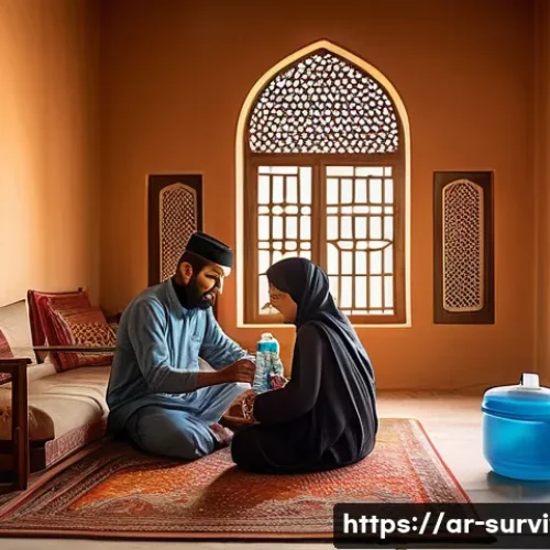 Home 33 재난 대비 시민 교육 - A detailed scene of an Arabic family preparing an emergency kit in a traditional Middle Eastern livi...