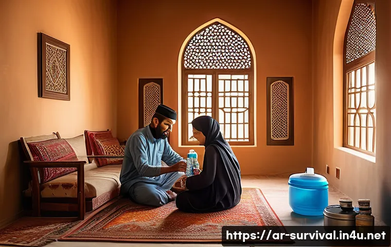 재난 대비 시민 교육 - A detailed scene of an Arabic family preparing an emergency kit in a traditional Middle Eastern livi...