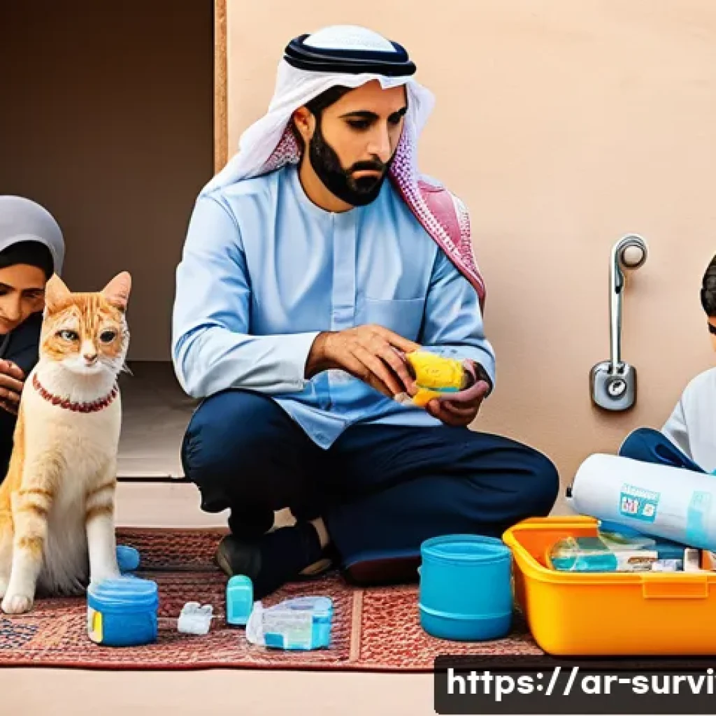 동물 재난 대비 - A detailed and culturally sensitive scene showing a Middle Eastern family preparing an emergency kit...