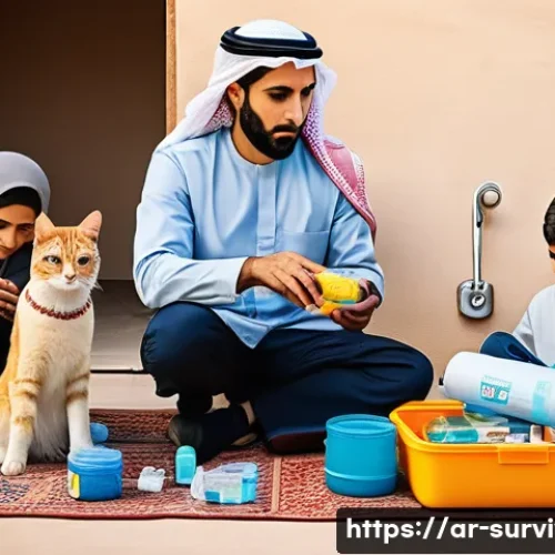 Home 32 동물 재난 대비 - A detailed and culturally sensitive scene showing a Middle Eastern family preparing an emergency kit...