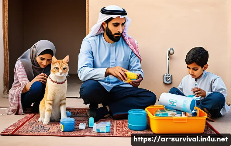 동물 재난 대비 - A detailed and culturally sensitive scene showing a Middle Eastern family preparing an emergency kit...