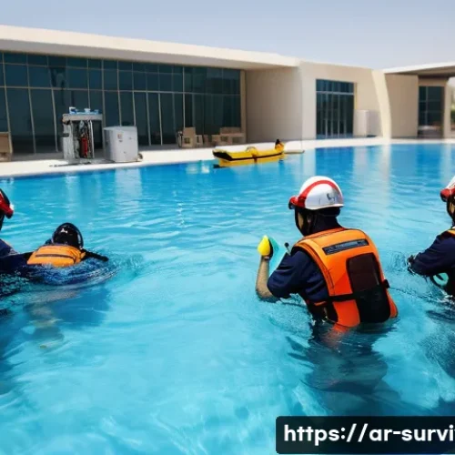 Home 31 헬기 탈출 훈련 - A detailed scene of a group of Arabic helicopter crew members undergoing emergency water escape trai...