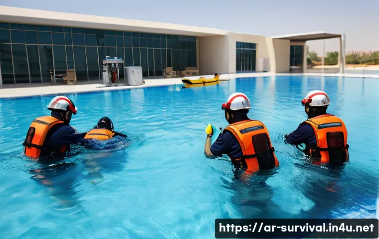 헬기 탈출 훈련 - A detailed scene of a group of Arabic helicopter crew members undergoing emergency water escape trai...