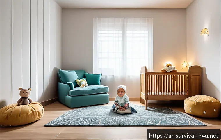 재난 발생 시 아기 돌보는 법 - A cozy and safe corner inside a modern Middle Eastern living room designed for a baby during natural...