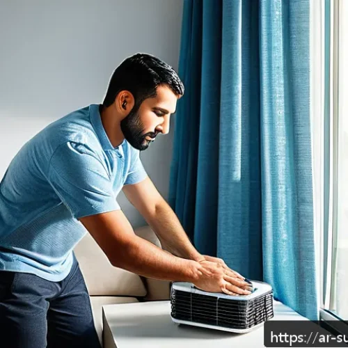 Home 17 냉동기기 고장 대비 - A detailed scene of an Arabic-speaking man performing routine maintenance on a modern air conditioni...