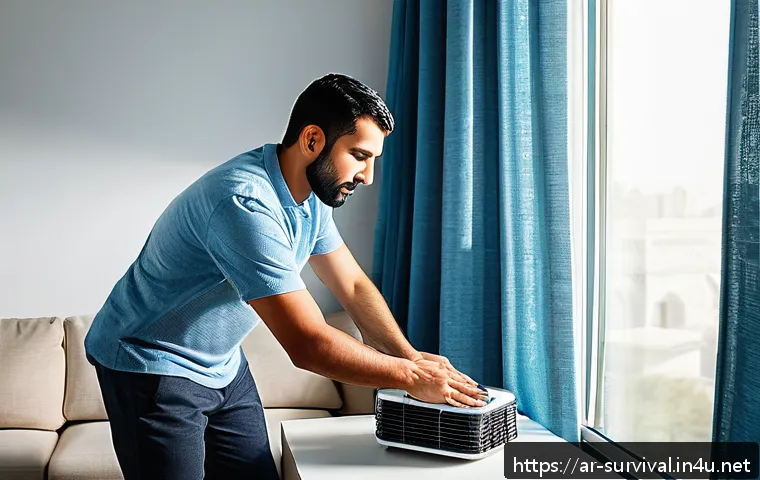 냉동기기 고장 대비 - A detailed scene of an Arabic-speaking man performing routine maintenance on a modern air conditioni...