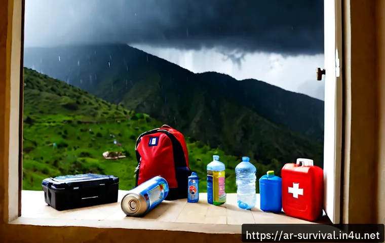 산사태 대비 생존법 - Photorealistic emergency preparedness scene in a modern hillside home in an Arab mountain village, M...