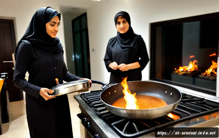 초기 화재 대처법 - Photorealistic Arab family kitchen during a small stovetop fire, a calm adult woman in modest long-s...
