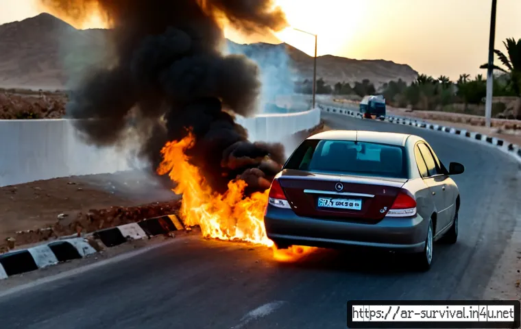 자동차 화재 발생 시 대처법 - Photorealistic roadside emergency scene in a modern Middle Eastern city, a small sedan with smoke an...